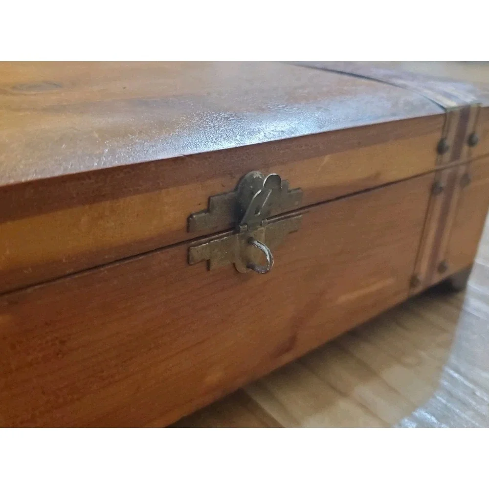 Vintage Rustic Wood Trinket Box Flat Top Storage Chest Striped Metal